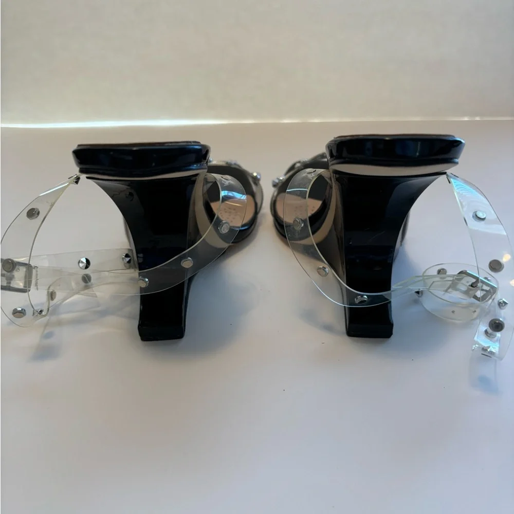 FINAL! NWOT! AZALEA WANG PATENT BLACK SILVER ACCENT CUT HEEL ANKLE WRAP HEELS - Picture 3 of 11